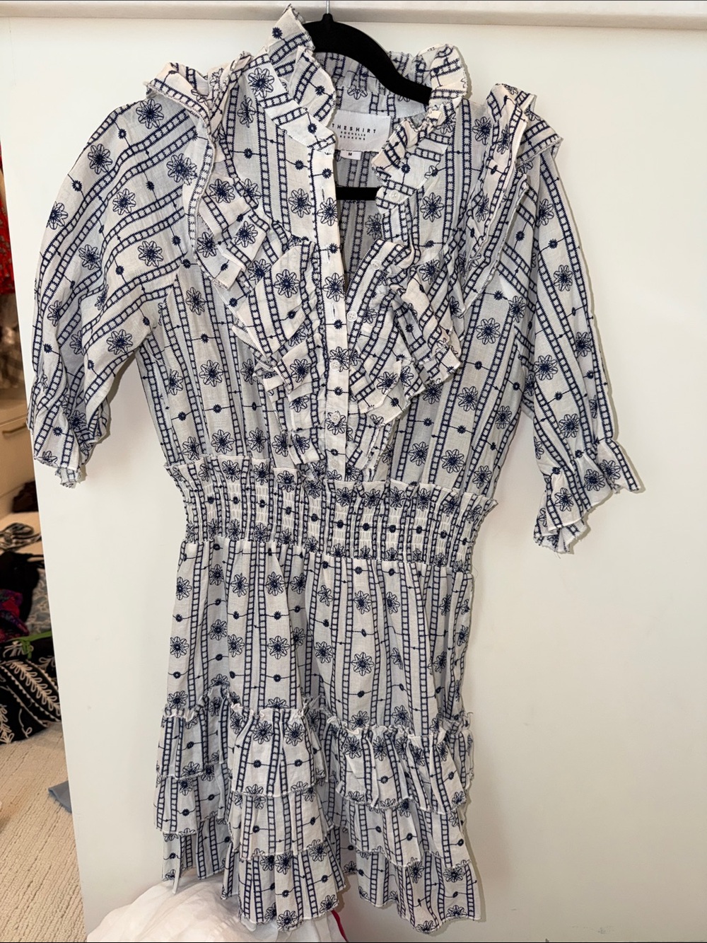 The Shirt Rochelle Behrens-  Smocked Ruffle V-Neck Dress in White/ Navy size M
